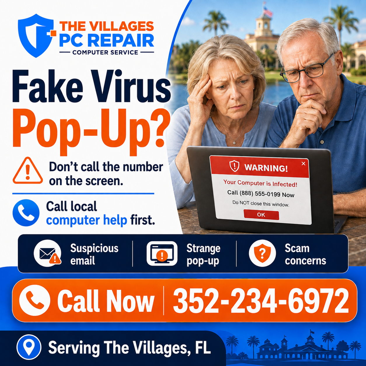 Fake virus pop-up warning with instructions to call The Villages PC Repair at 352-234-6972.